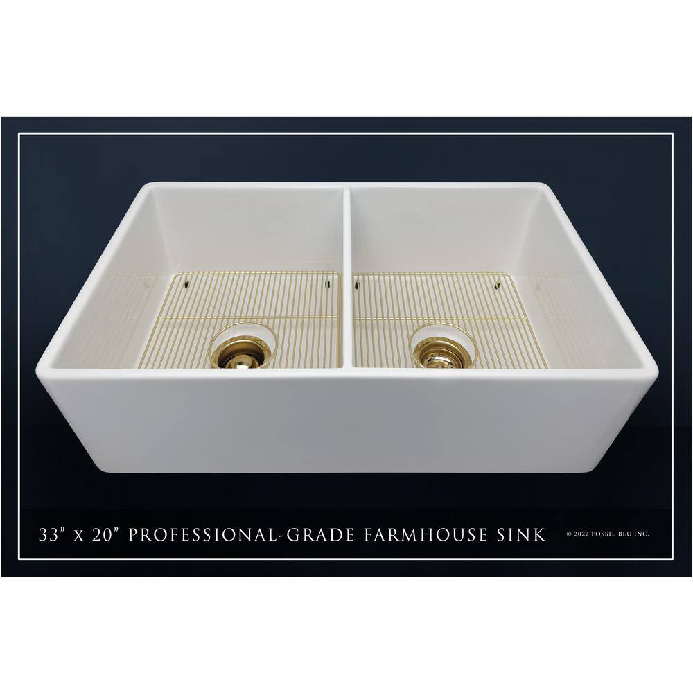 Fossil Blu Luxury 33 in. FarmhouseApron-Front Double Bowl White Solid Fireclay Kitchen Sink with Matte Gold Accs and Flat Front WHS1003BB