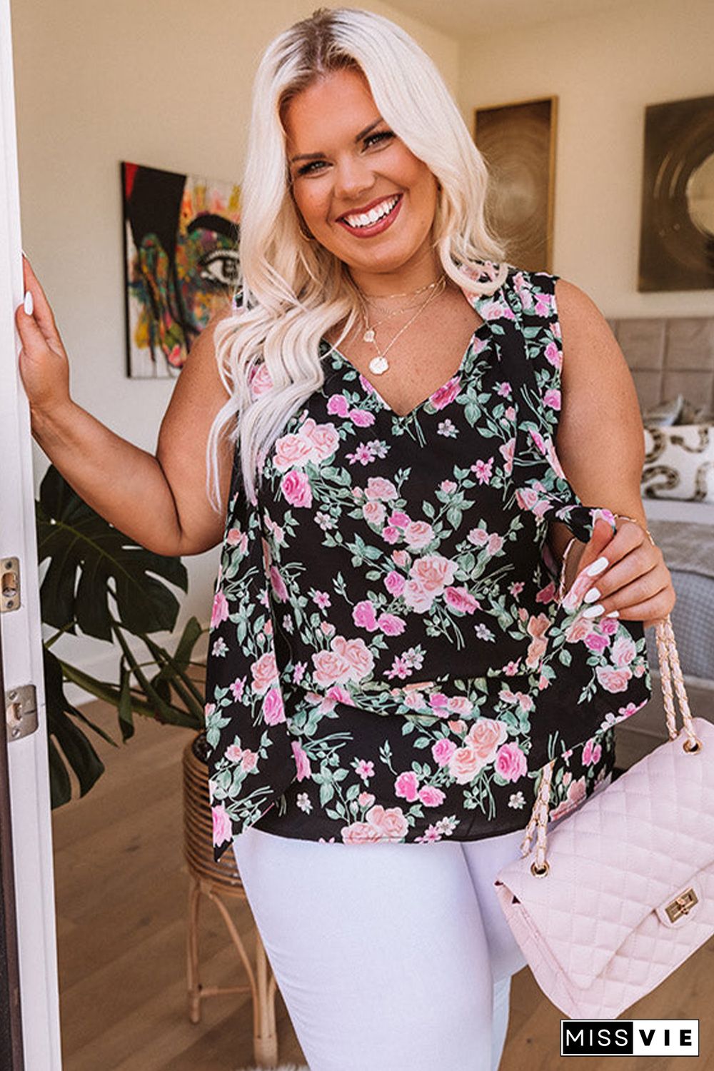 Black Plus Size Floral Print Ribbon V Neck Tank Top