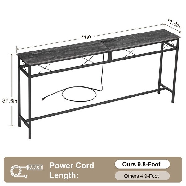 VECELO Industrial Rectangular Wood Console Table with AC Power and USB Charging Ports