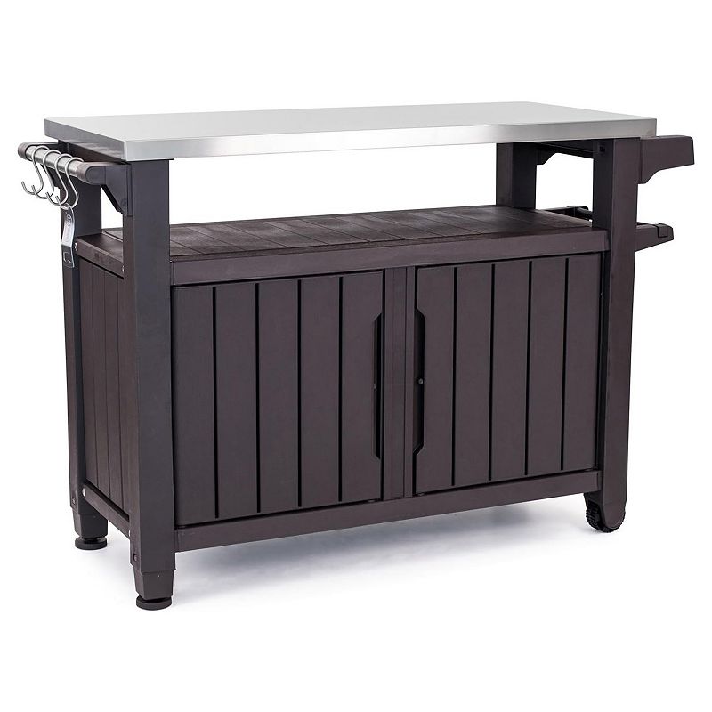 Keter Unity Xl Outdoor Kitchen Bar Rolling Cart With Storage Cabinet， Brown