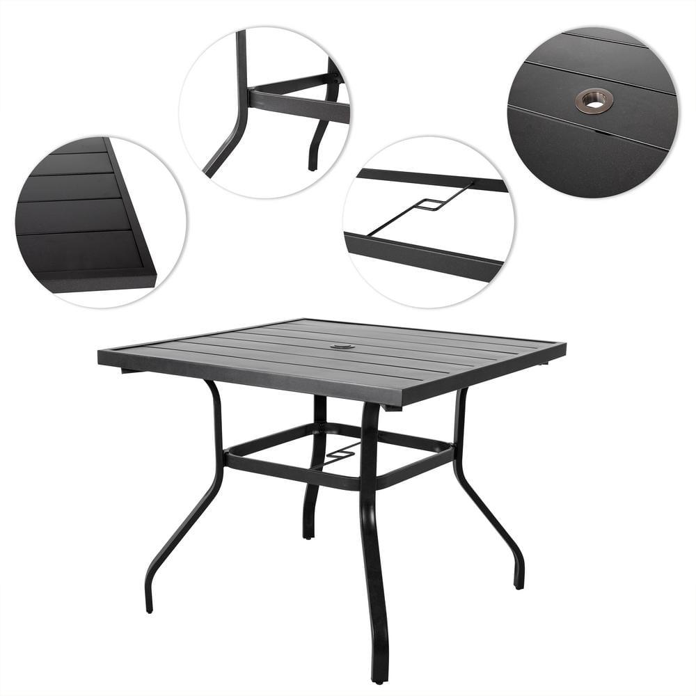 Nuu Garden Black Square Metal Outdoor Patio Dining Table with Umbrella Hole