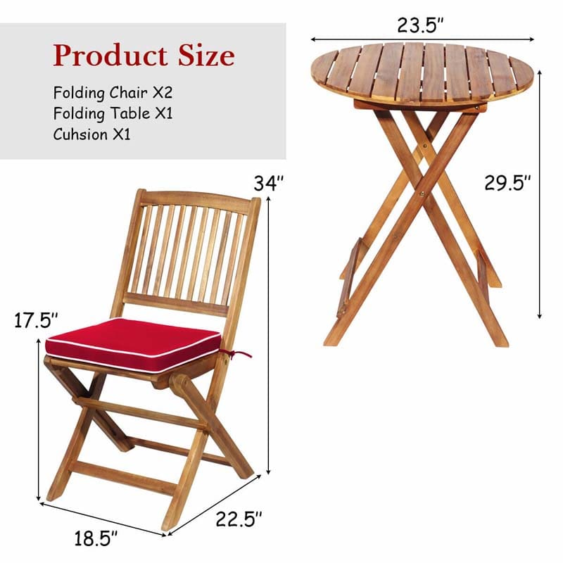 3 Pcs Acacia Wood Patio Folding Bistro Set Outdoor Chair Table Set with Padded Cushion & Round Coffee Table