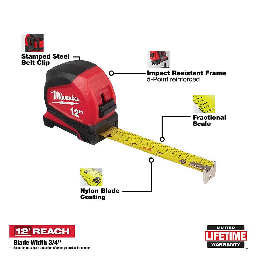 Milwaukee 12 ft. Compact Tape Measure 48-22-6612 from Milwaukee