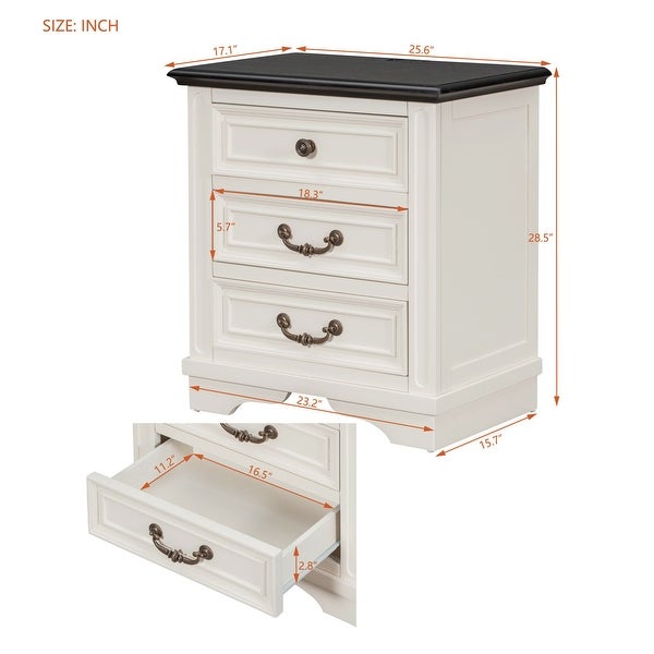 Nightstand with 3 Drawers + USB Charging Ports - - 37981784