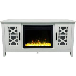 Hanover Arcadia Mid-Century 55.9 in. W Freestanding Electric Fireplace TV Stand in White with Multi-Color Crystal Insert FS5414-1BWTCS