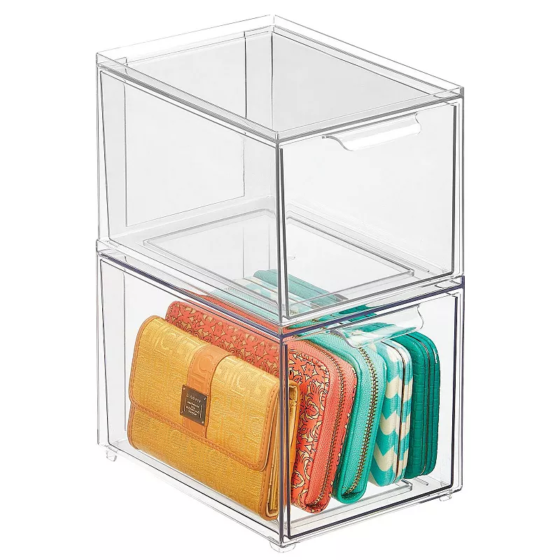 mDesign Clarity 8 x 6 x 6 Plastic Stacking Closet Storage Organizer Bin with Drawer， 2 Pack