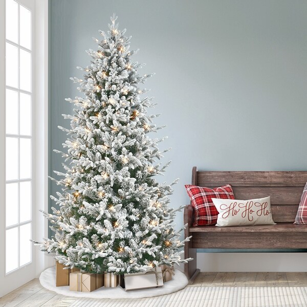 Puleo International 7.5 ft. PreLit Flocked Boulderwood Artificial Spruce Tree