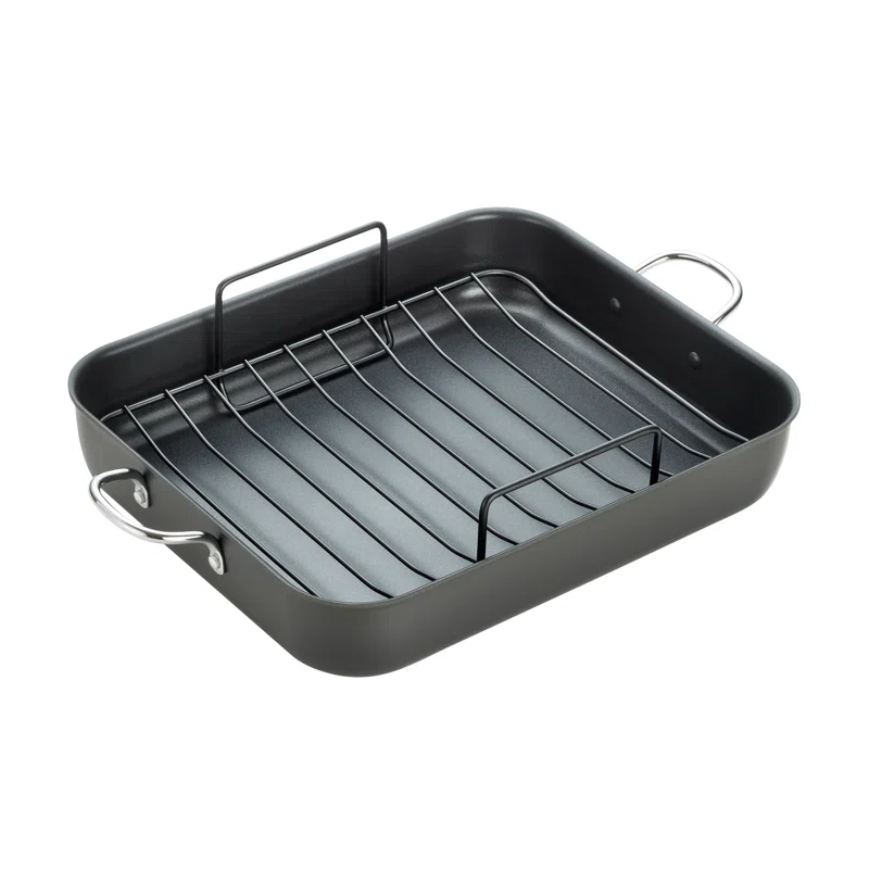 T-fal J145S2 Ultimate Hard Anodized， Nonstick 16 In. x 13 In. Roaster with Rack， Black， ， 16 Inch x 13 Inch， Grey