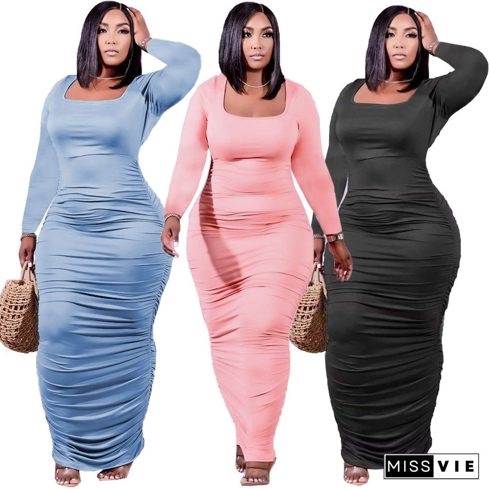 Plus Size Women Clothes Solid Color Long Sleeve Square collar Elegant Autumn Bodycon Pleated Maxi Dress