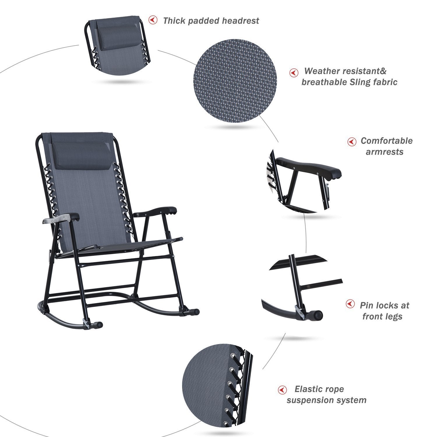 ametoys Outdoor Folding Rocking Chair Patio Table Seating Set, 2 Rocking Chairs with Armrests and 1 Side Table with Tempered Glass - Grey