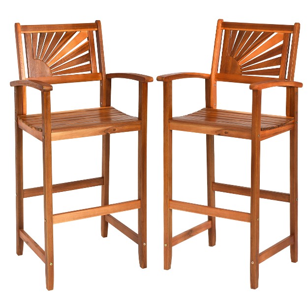 Tangkula Set Of 2 Acacia Wood Outdoor Patio Bar Stool With Footrest amp backrest amp armrest