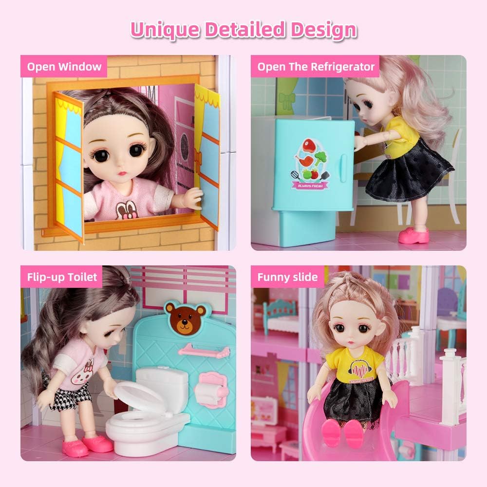 Doll House Kit，Dollhouse with Lights， Slide， Pets and Dolls， DIY Pretend Play Building Playset Toys with Asseccories and Furniture， Princess House for Toddlers， Kids Boy and Girl (11 Rooms)