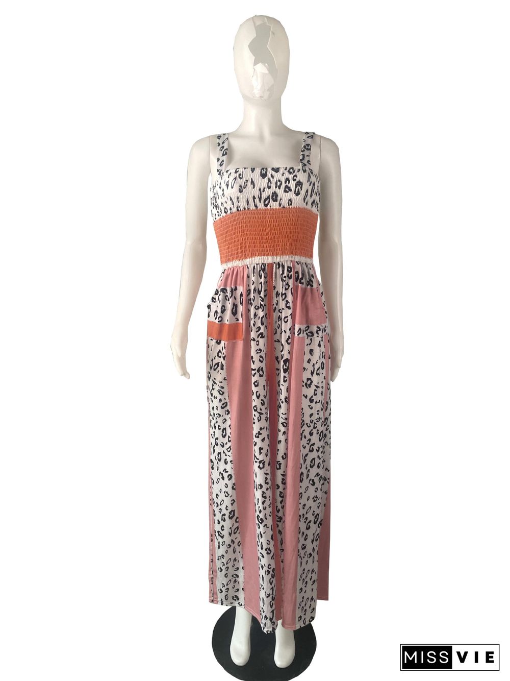 Fashion Leopard Stripe Print Sleeveless Pleated Summer Clothes Elastic Waist Wide Leg Jumpsuit