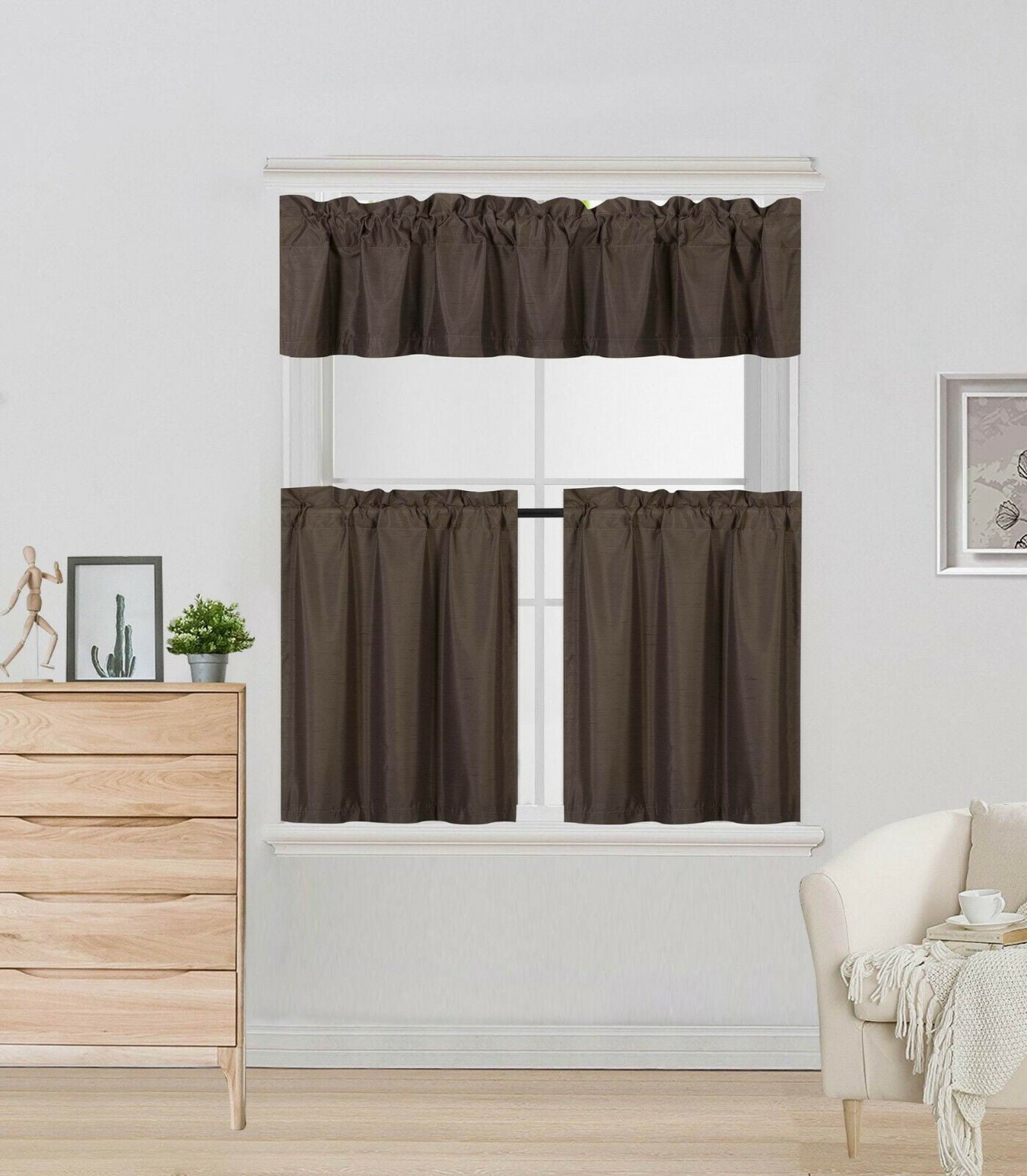 Luxury 3 piece Kitchen Curtain Brown Color K4 Includes 1 Valance and 2 Tiers with Rod Pocket Style blackout panels short window