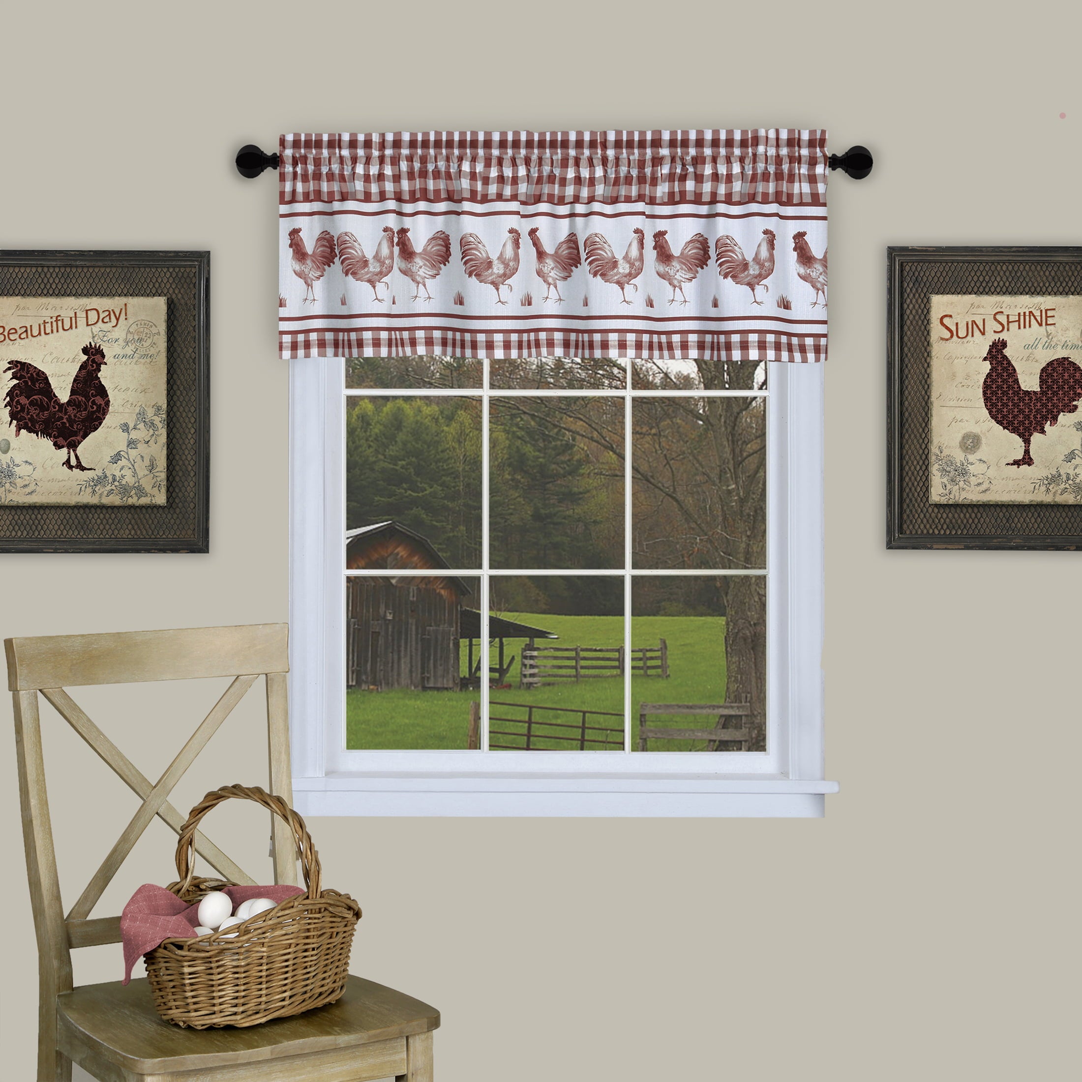 PowerSellerUSA 3 Piece Kitchen Curtain Set, Gingham Tier Pair and Valance, Country Rooster Decor for Kitchen and Living Room, Premium Buffalo Plaid Curtains, 58 W x 24 L, Burgundy