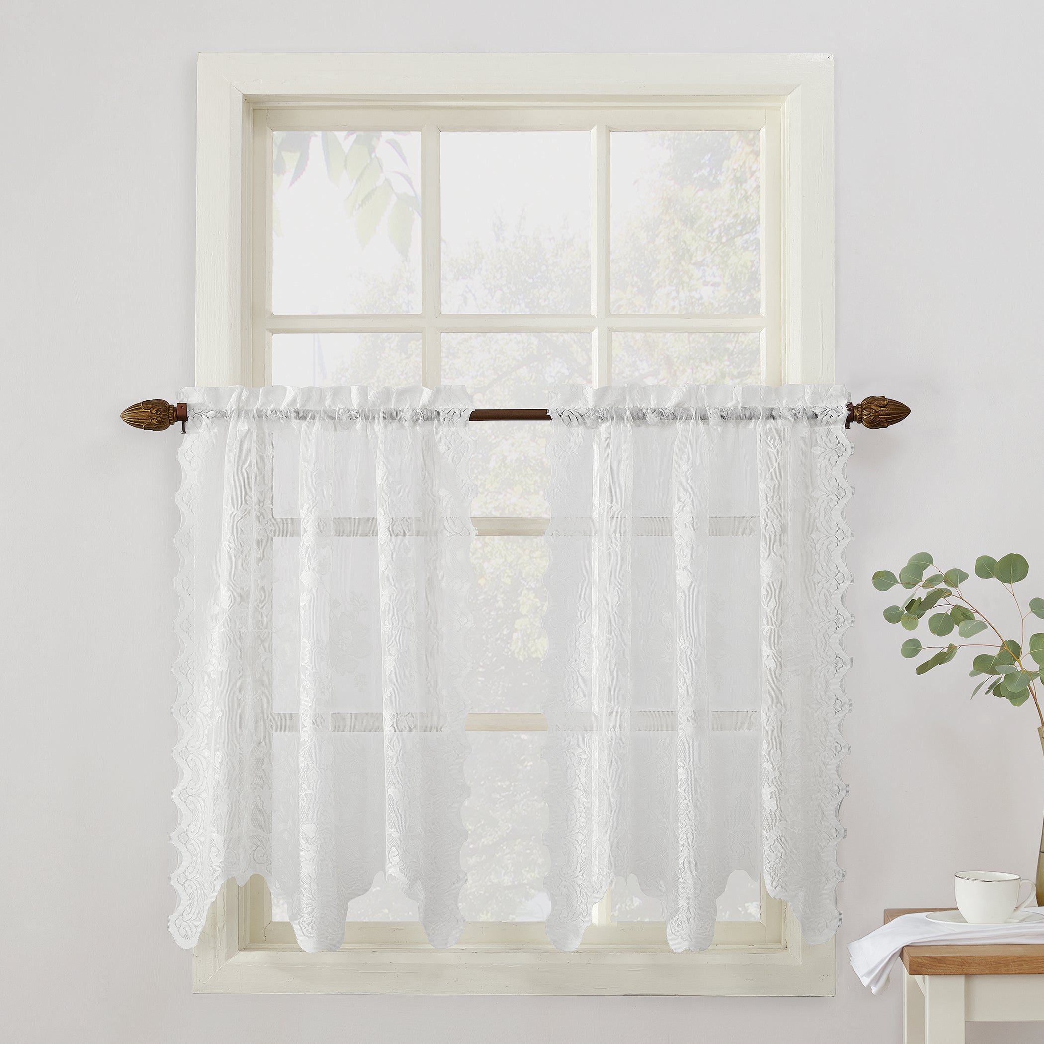 No. 918 Quinn Floral Lace Sheer Rod Pocket Kitchen Curtains, 58x24, White