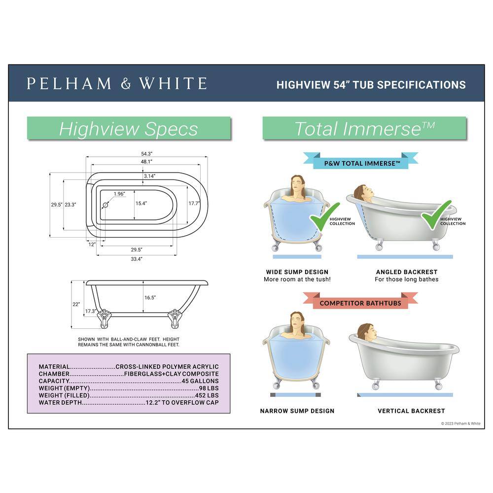 PELHAM  WHITE Highview 54 in. Acrylic Clawfoot Bathtub in White Cannonball Feet Floor-Mount Faucet Drain in Matte Black PW9562017X-MB