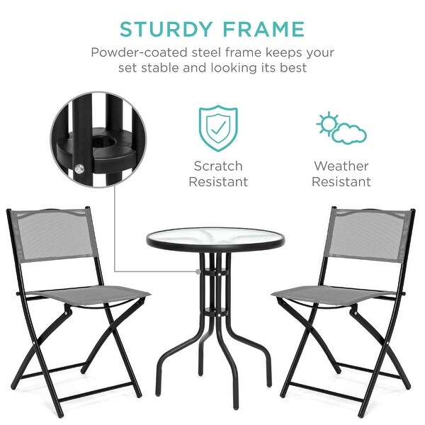 3Piece Patio Bistro Dining Furniture Set w/Textured Glass Tabletop，2 Folding Chairs，Steel Frame，Polyester Fabric