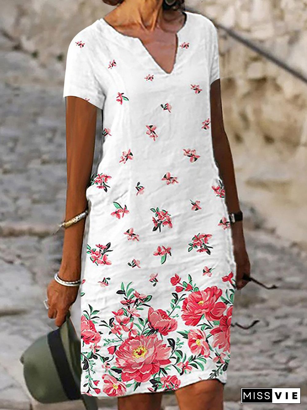 Women's Short-sleeve V-neck Floral Print Casual Dress