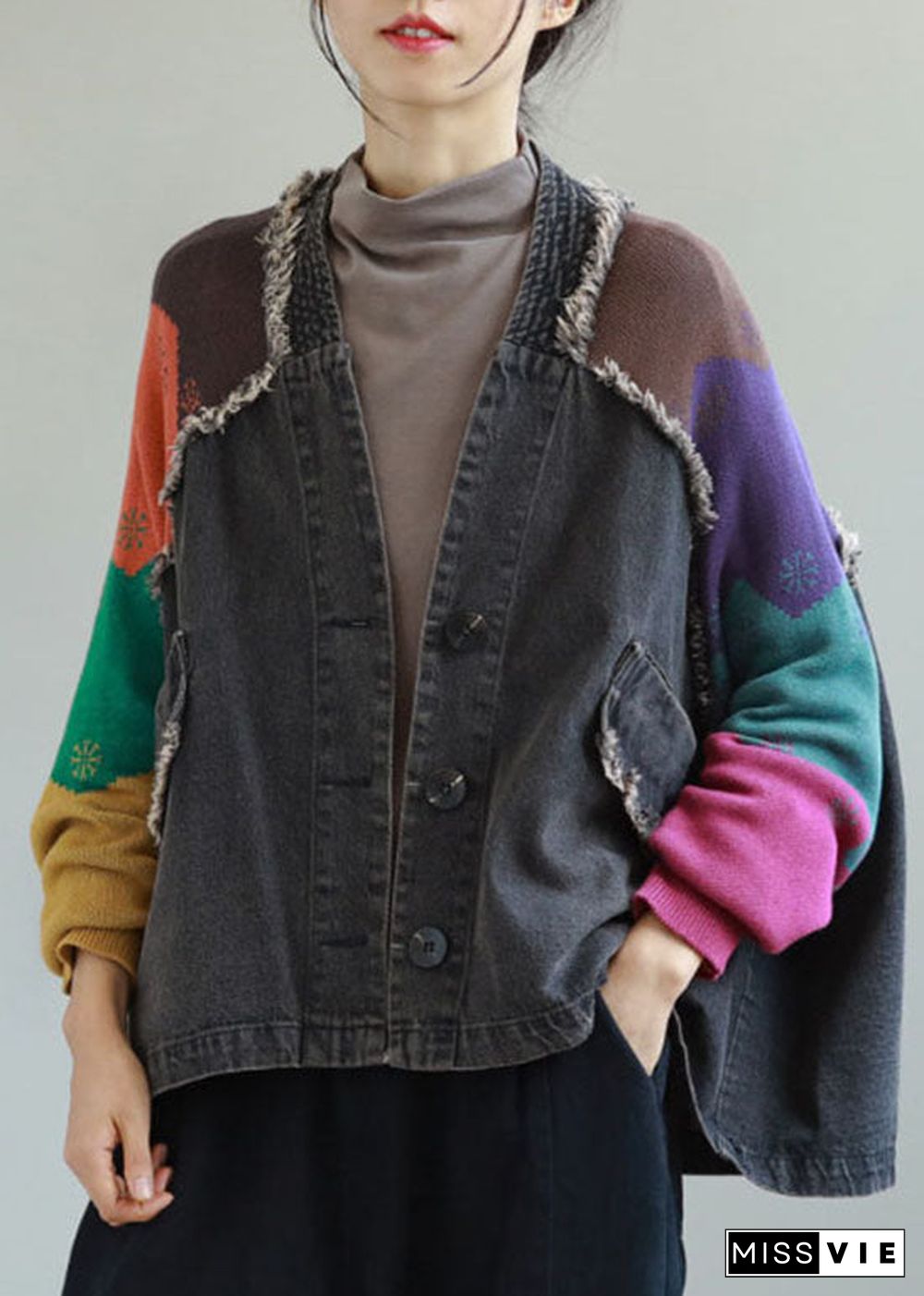 Fitted Black V Neck Pockets Patchwork denim coats Spring