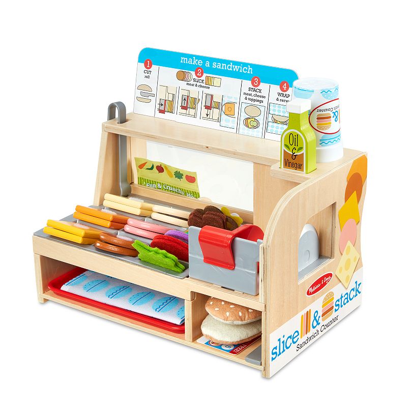 Melissa and Doug Wooden Slice and Stack Sandwich Counter with Deli Slicer-- 56-Piece Pretend Play Food Pieces