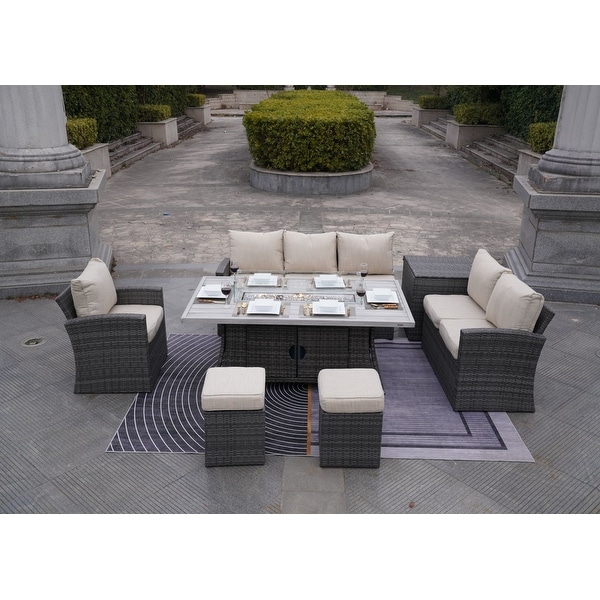 7Piece Outdoor Sofa with Aluminium table top Fire Pit Set