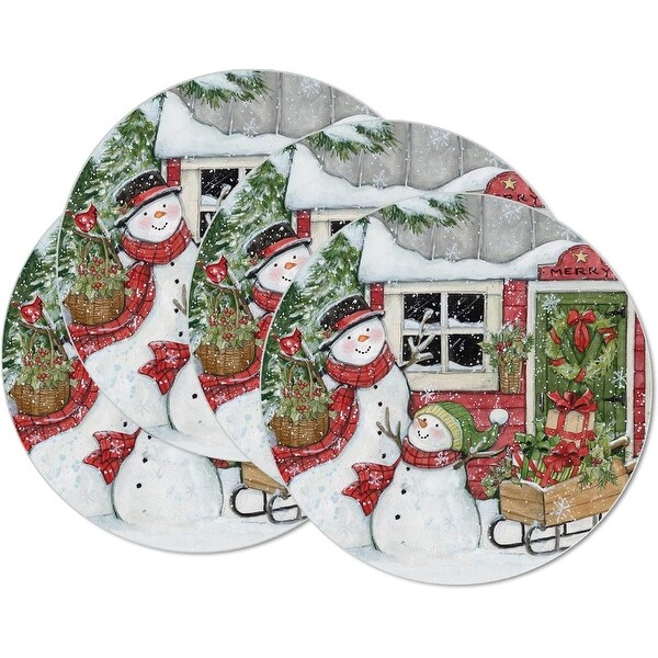 Snowman's Farmhouse Round Reversible Easy Care Flexible Plastic Placemat 4 Pack Made in The USA