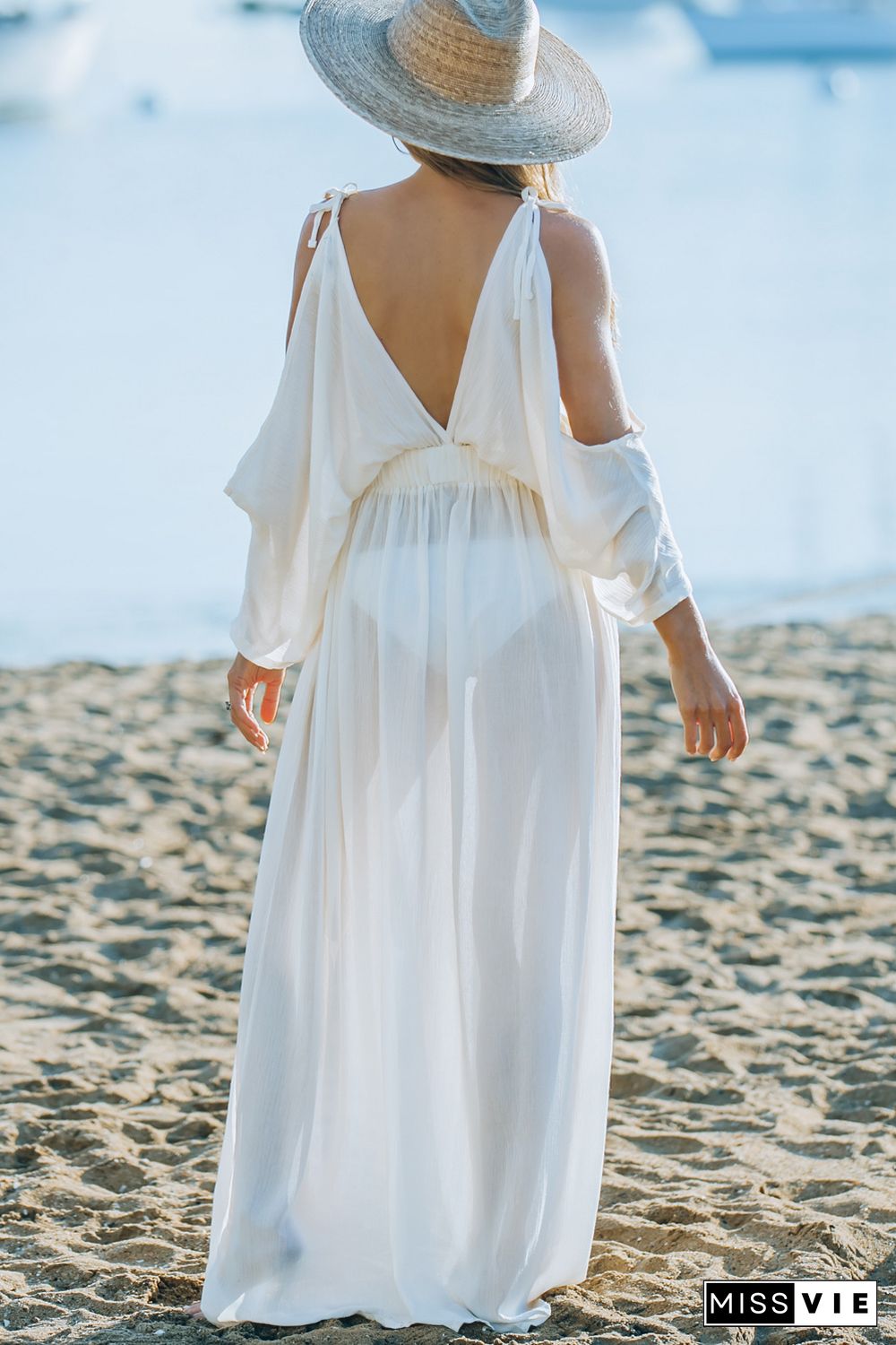 White Cold Shoulder Side Slit Deep V Neck Maxi Dress