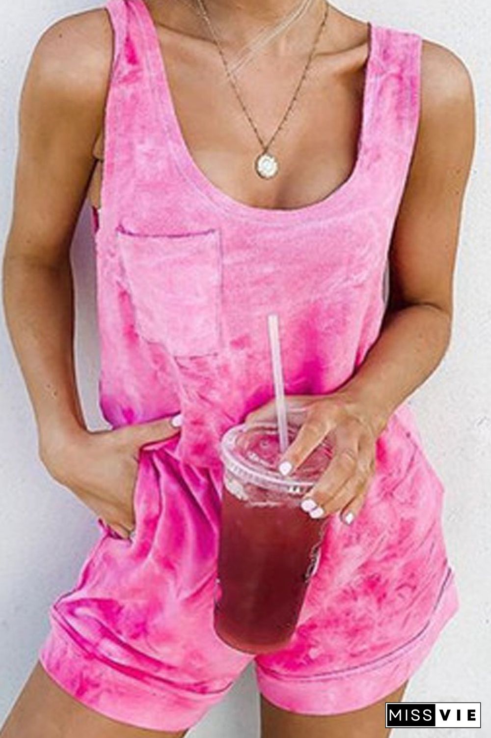 Tie Dye Round Neck Pocket Romper