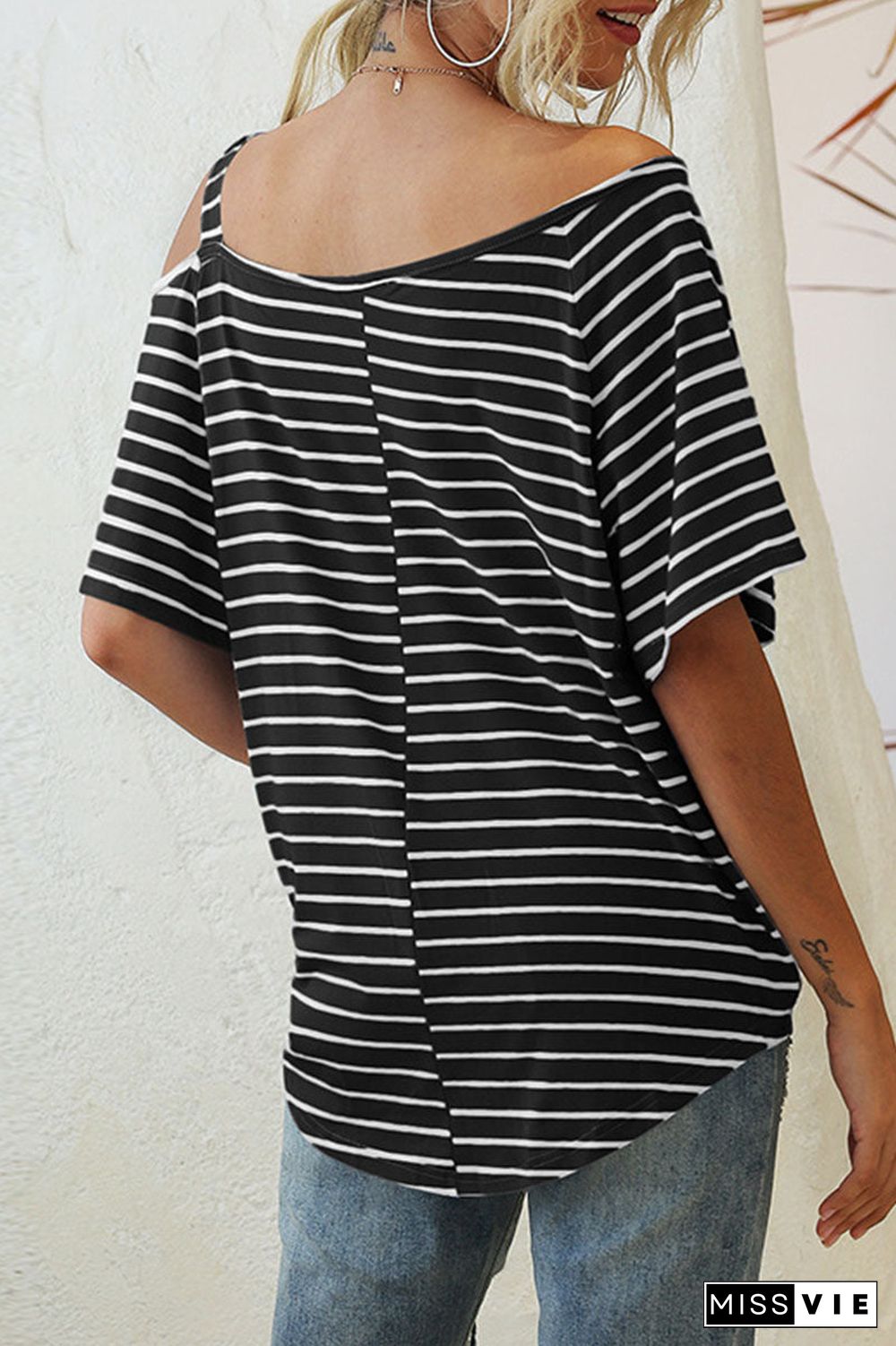 Fashion Street Striped Oblique Collar T-Shirts