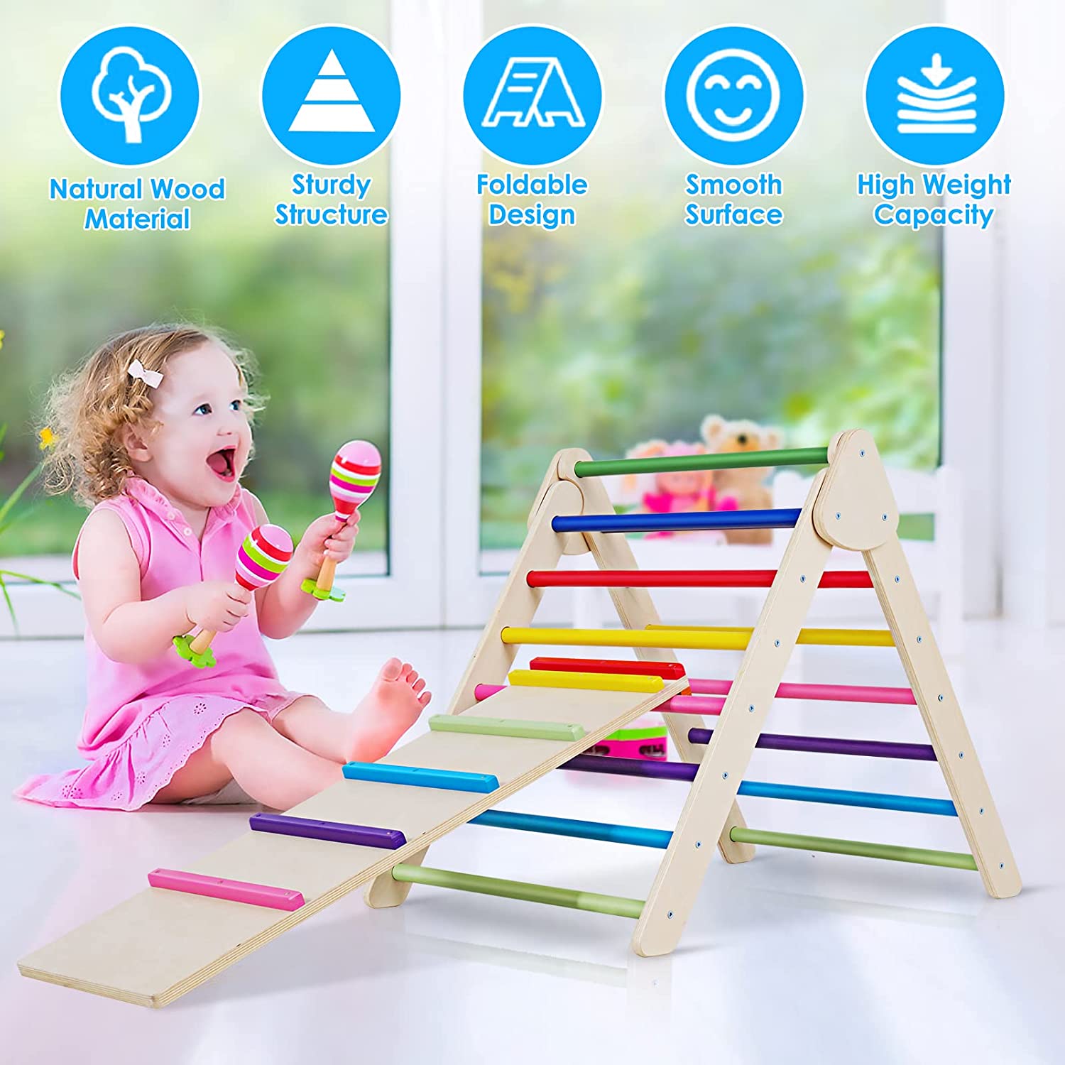 Montessori Climber with Ramp，Indoor Montessori Climbing Toys for Kids， Climbing Triangle Pickler Wood Ramp for Toddlers， Foldable Toddler Pikler Gym(Middle) (Iridescence)…