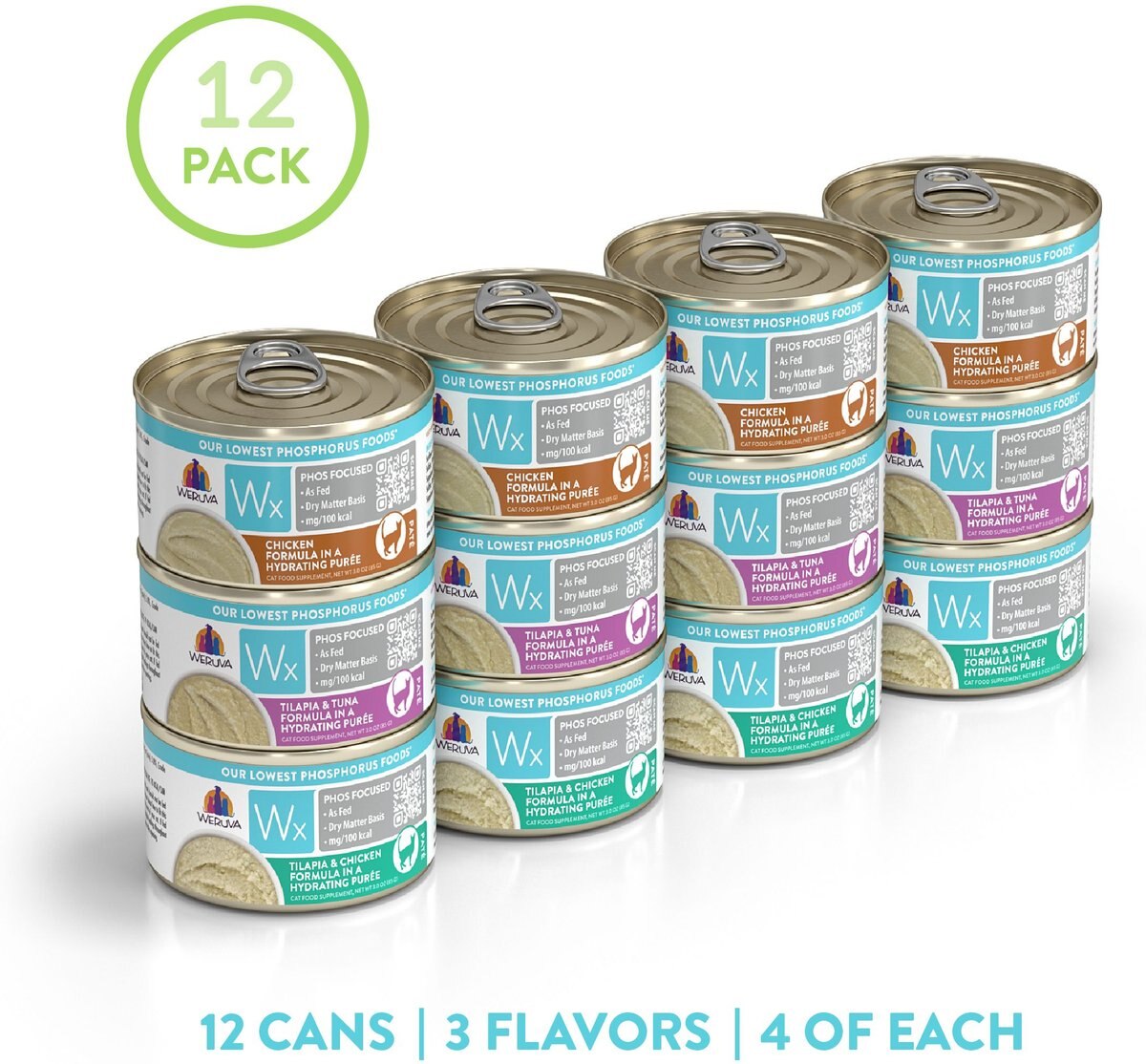 Weruva Wx Phos Focused Pate Variety Pack Grain-Free Wet Cat Food， 3-oz can， case of 12