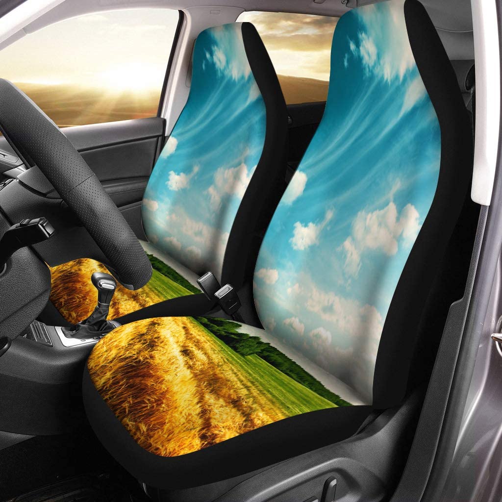 FMSHPON Set of 2 Car Seat Covers Green Farm Summer Landscape Wheat Field and Clouds Yellow Universal Auto Front Seats Protector Fits for Car，SUV Sedan，Truck