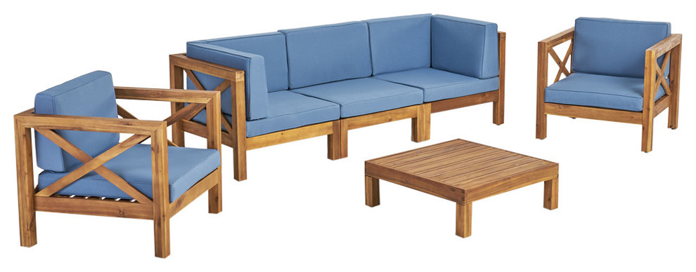 Morgan Outdoor 5 Seater Acacia Wood Sofa Chat Set   Contemporary   Outdoor Lounge Sets   by GDFStudio  Houzz