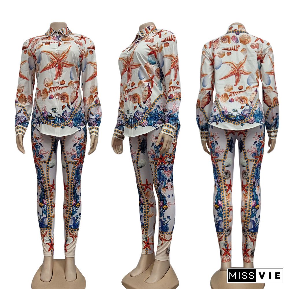 Fashion Starfish Printed Long Sleeve Turn-Down Collar Shirt Bodycon Fall Clothes Women 2 Piece Pant Sets