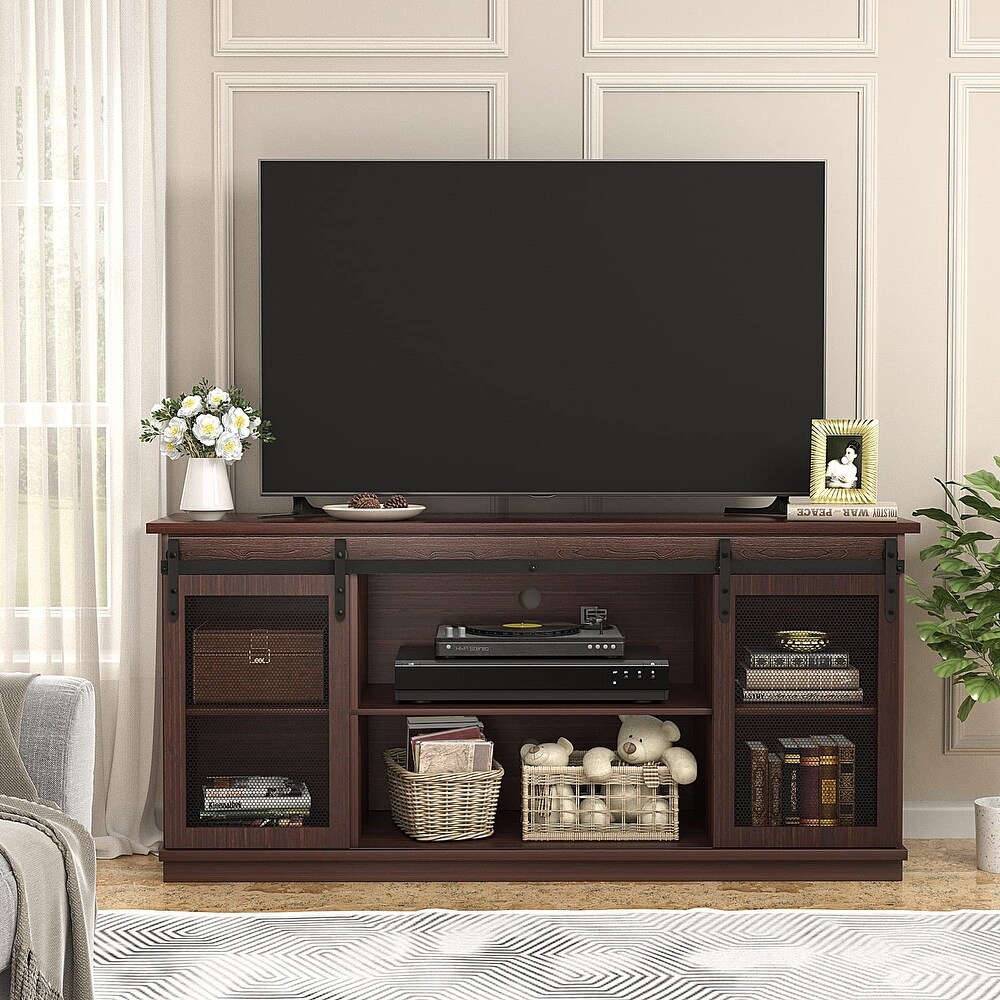 TV Stand up to 65 Inches  Modern Entertainment Center with Sliding Barn Doors and Storage Cabinets  Metal Media TV Table