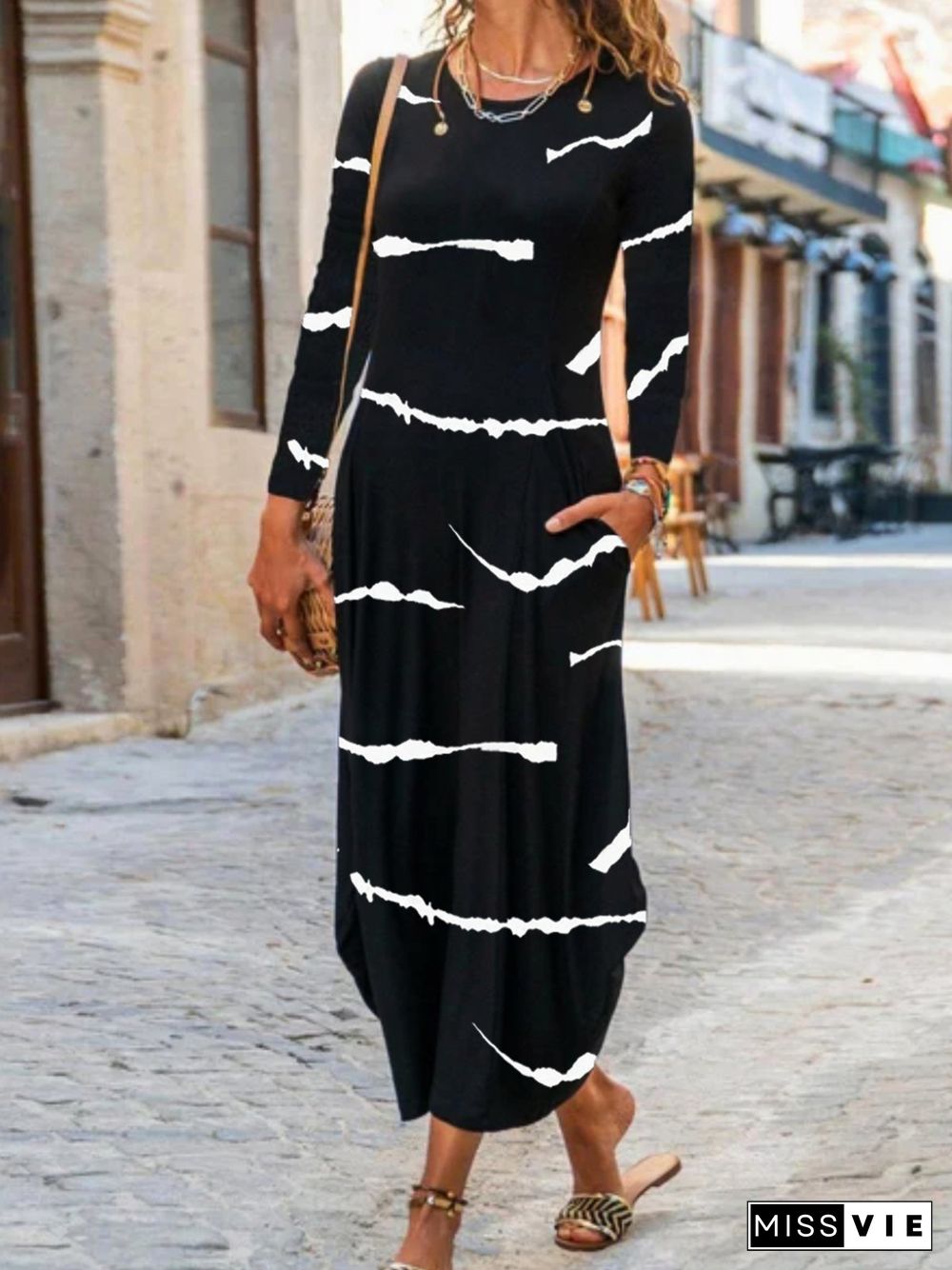 Casual Striped Long Sleeve Crew Neck Printed Dress