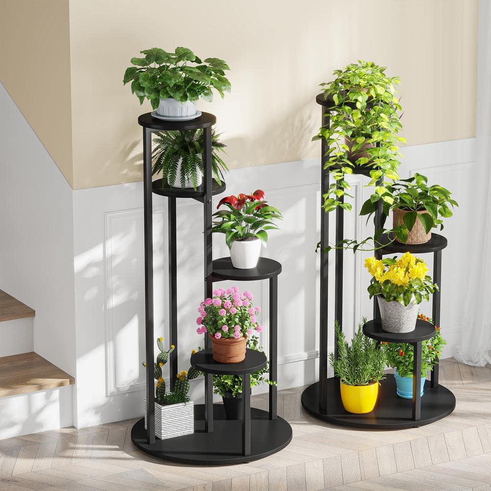 BYBLIGHT Wellston 40.94 in. H Black Round Wood Corner Plant Stand Indoor 5 Tier Potted Ladder Holder Flower Rack BB-U0183-XMX