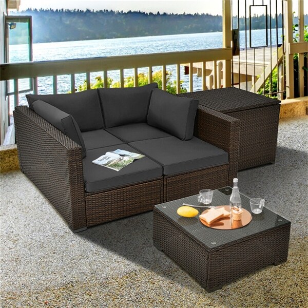 4-Piece Patio Rattan Cushioned Furniture Set with Armrest and Storage Box - Overstock - 37500640