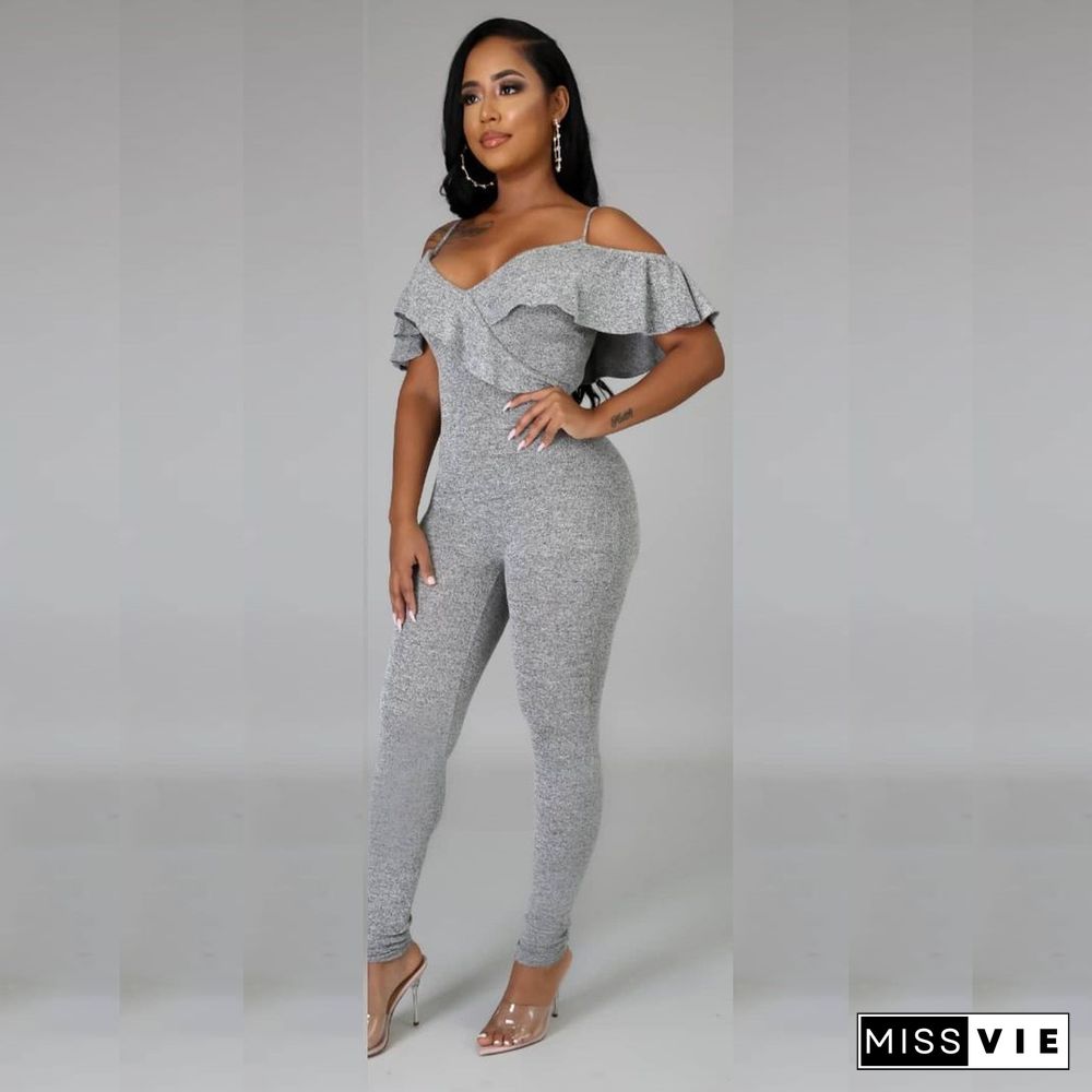 Sexy V-neck Off Shoulder Short Sleeve Flounces Jumpsuit