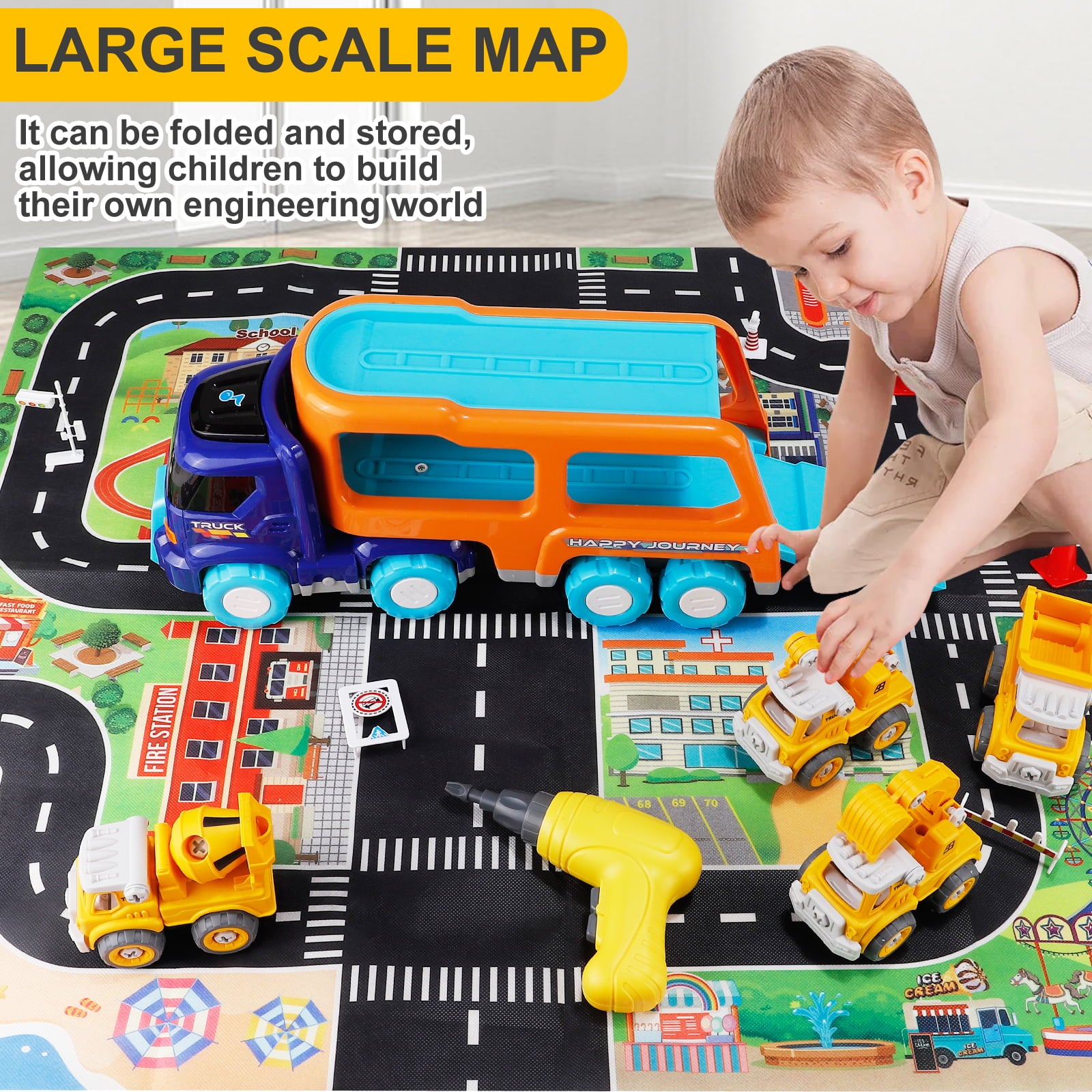 Take Apart Construction Truck Cars Toys for 2 3 4 5 Years Old Toddlers Boys Big Transport Carrier Truck with 4 Small Take Apart Engineering Trucks and Drills Toys with Sound and Light