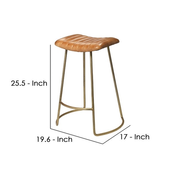 Counter Stool with Leatherette Vertical Channel Stitching， Brown and Gold