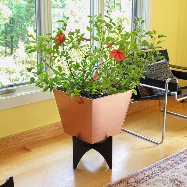 Wide Square Copper Plated Galvanized Steel Flower Box With Black Wrought Iron Plant Stand - Achla Designs