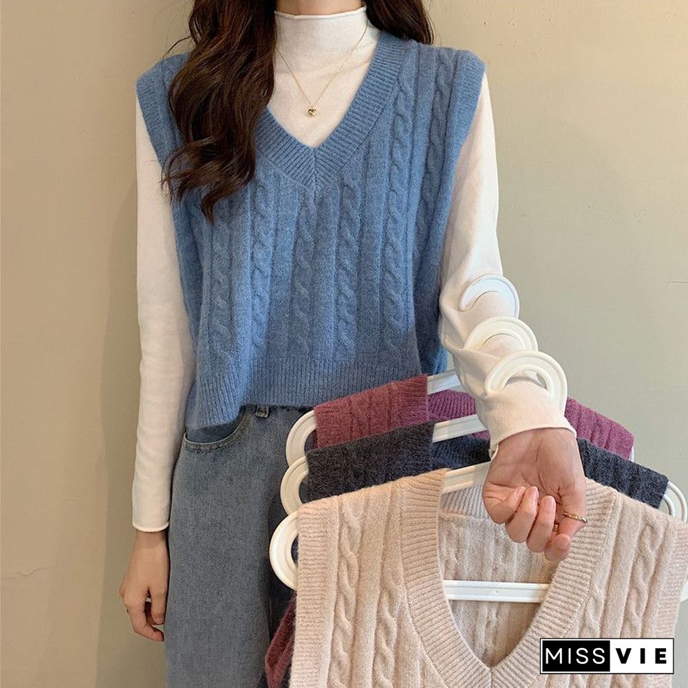 Oversized Cable Knit V Neck Knitted Tank Top Sweater