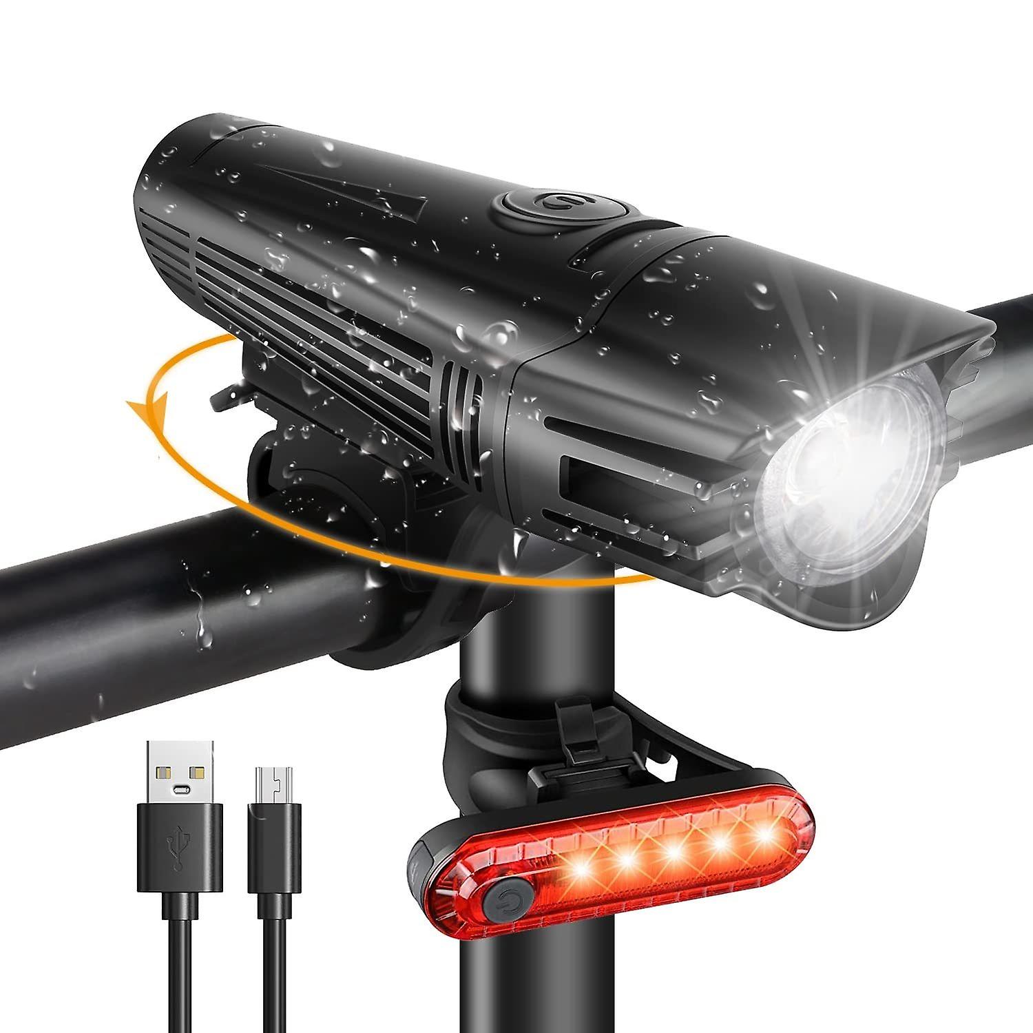 Bike Light Set，USB Rechargeable Light with 400LM Front/50LM Rear light， Non-slip Mounts Bicycle Light（black）