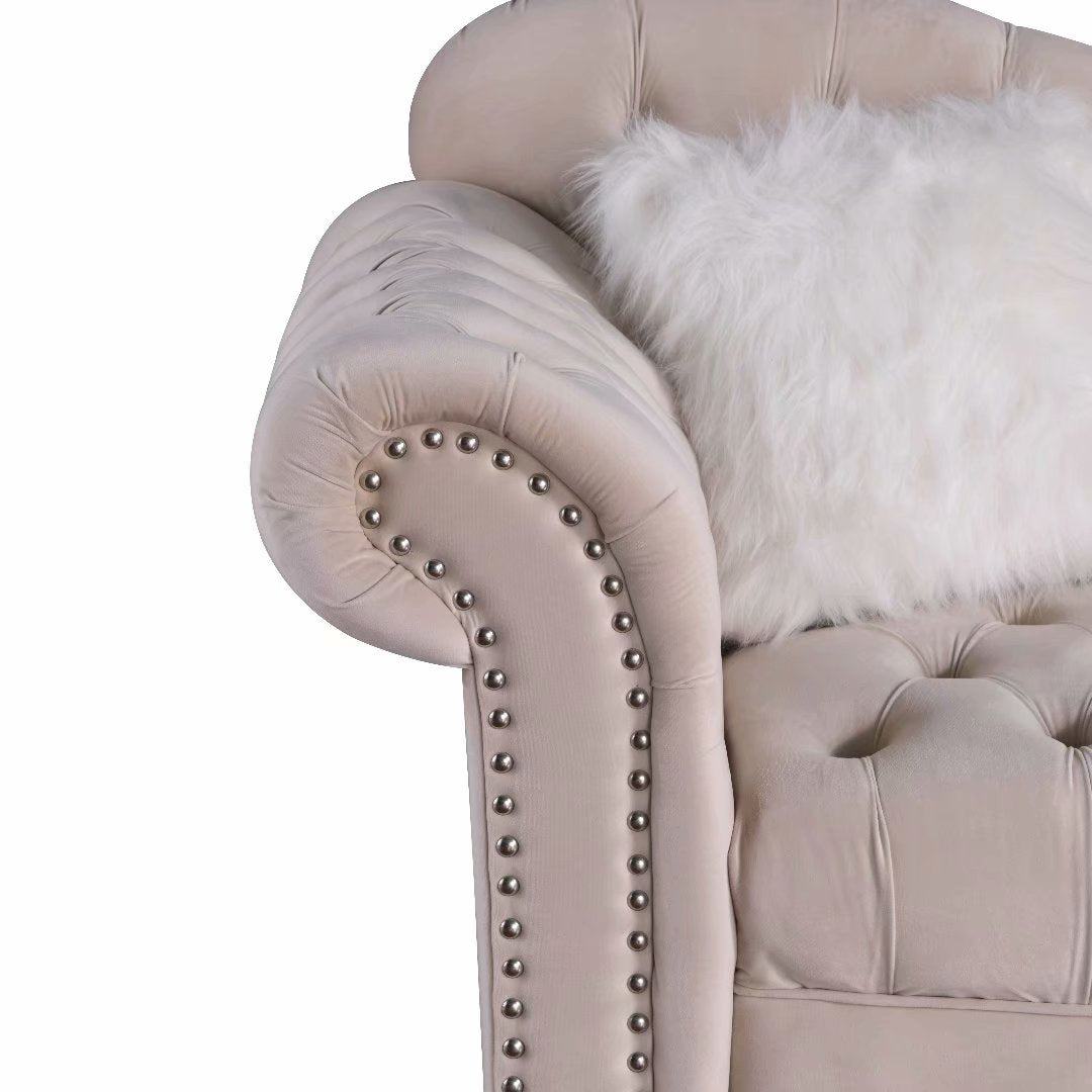 Morden Fort Luxury Velvet Living Room Chair Chesterfield Tufted Camel Back Armchair, Beige