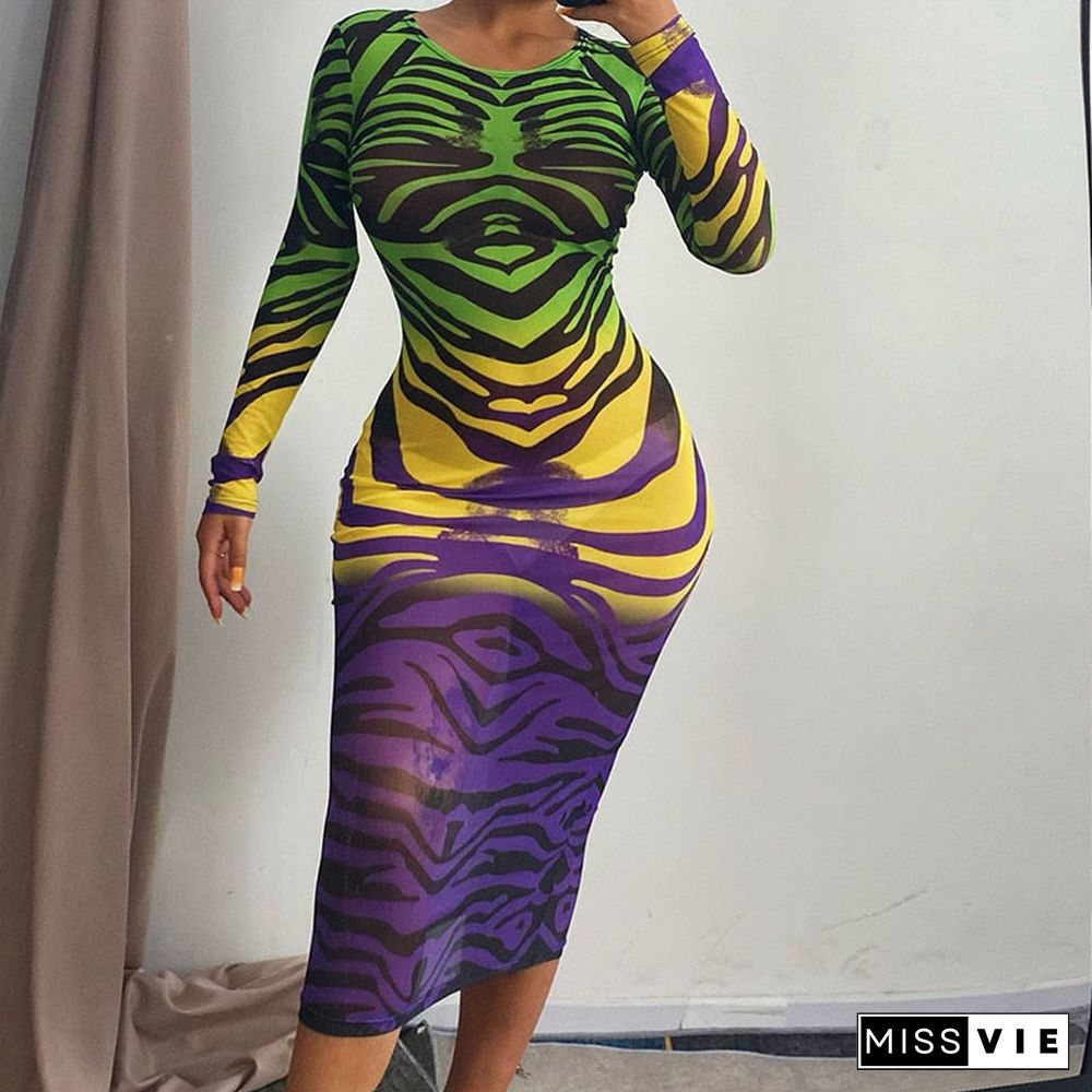 Women Autumn Long Sleeve Printed Mesh See Through Bodycon Dress Fall Female Clothing Streetwear Items