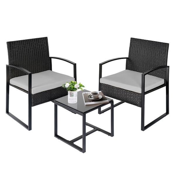 3 Piece Patio Bistro Set Outdoor Furniture Set with Glass Table，Rattan Conversation Sets for Porch Garden Balcony