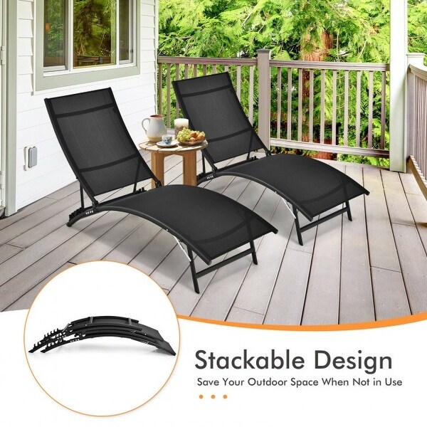 2 Pieces Patio Folding and Stackable Chaise Lounge Chair with 5-Position Adjustment-Black - 67.5