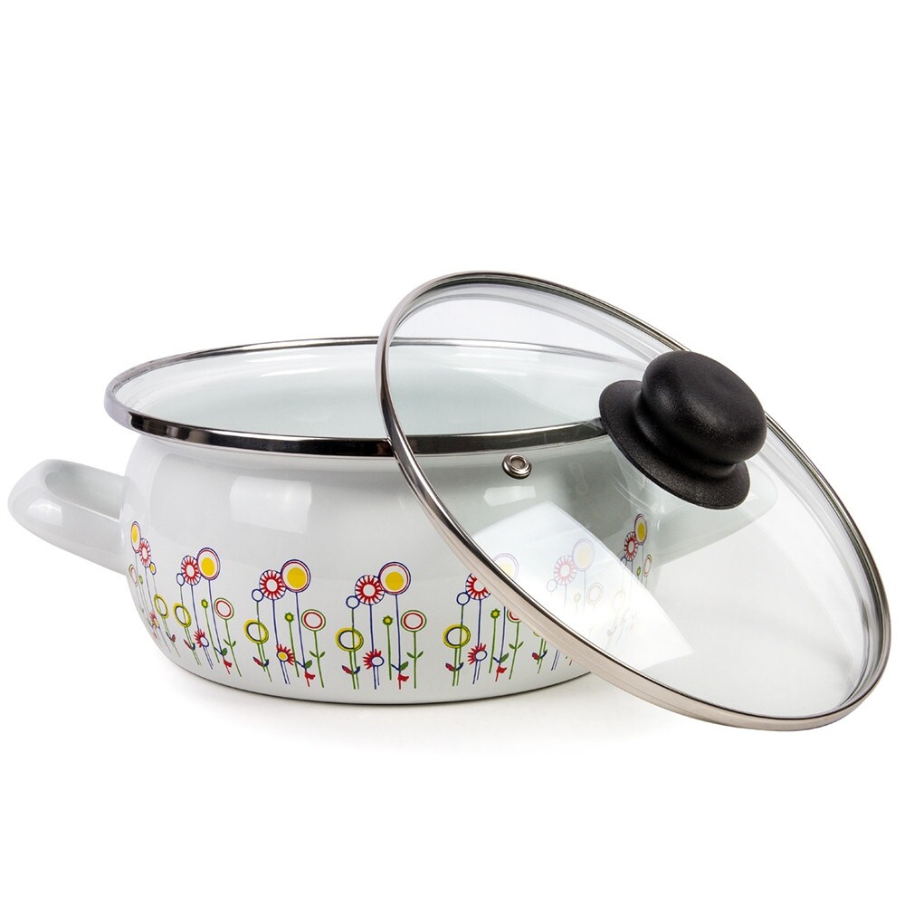 STP Goods Enamel on Steel 5.3 quart Pot with a Glass Lid   Flowers